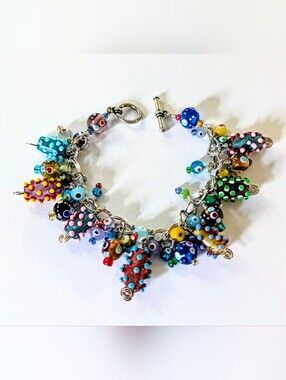 Sterling Silver Blown Art Glass Lampwork Bead Artisan Made Charm Bracelet 8"